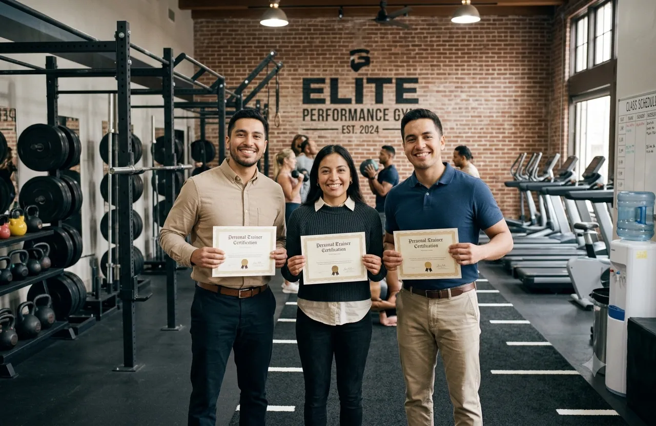 Tres egresados sonriendo con sus diplomas en un gimnasio